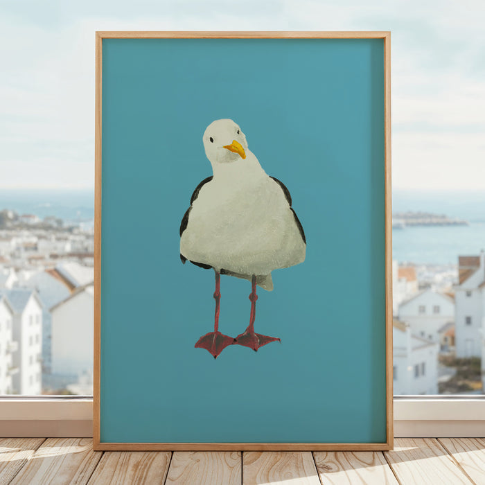 seagull painting on blue background framed in natural wood frame.