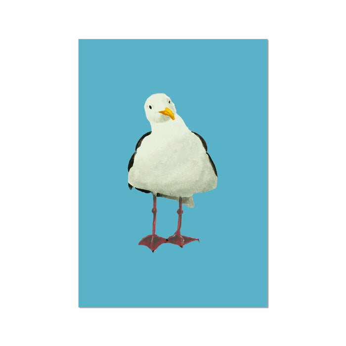 A painting of a seagull with a blue background.