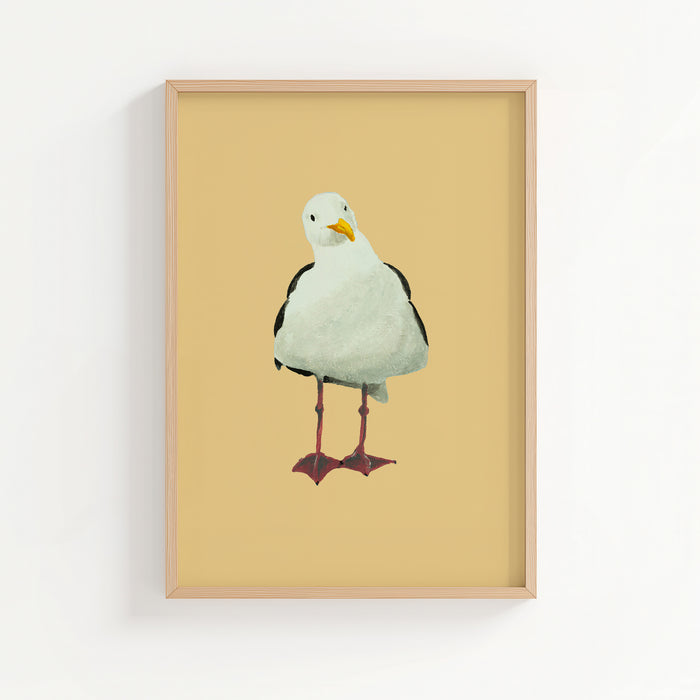 Framed artwork of a seagull on a yellow background