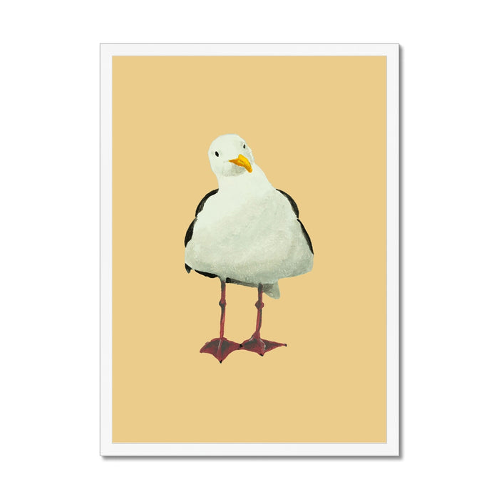 Seagull coastal bird art print with painterly seagull illustration on a yellow sand background, framed wall art