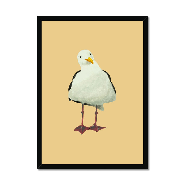 Seagull coastal bird art print with painterly seagull illustration on a yellow sand background, framed wall art
