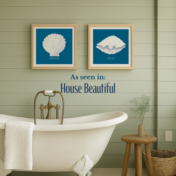 Set of two shell art prints in bathroom with clawfoot tub, framed shell art, and 'House Beautiful' text.