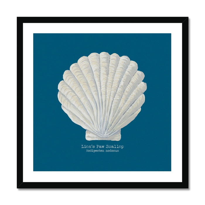 A framed art print of a hand-painted scallop shell on a marine blue background, with a wooden frame.