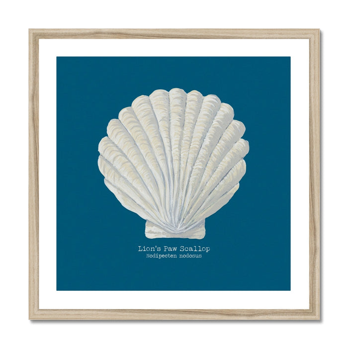 A framed art print of a hand-painted scallop shell on a marine blue background, with a wooden frame.