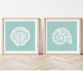 Set of Two Shell Prints | Set of two square shell prints on textured blue background