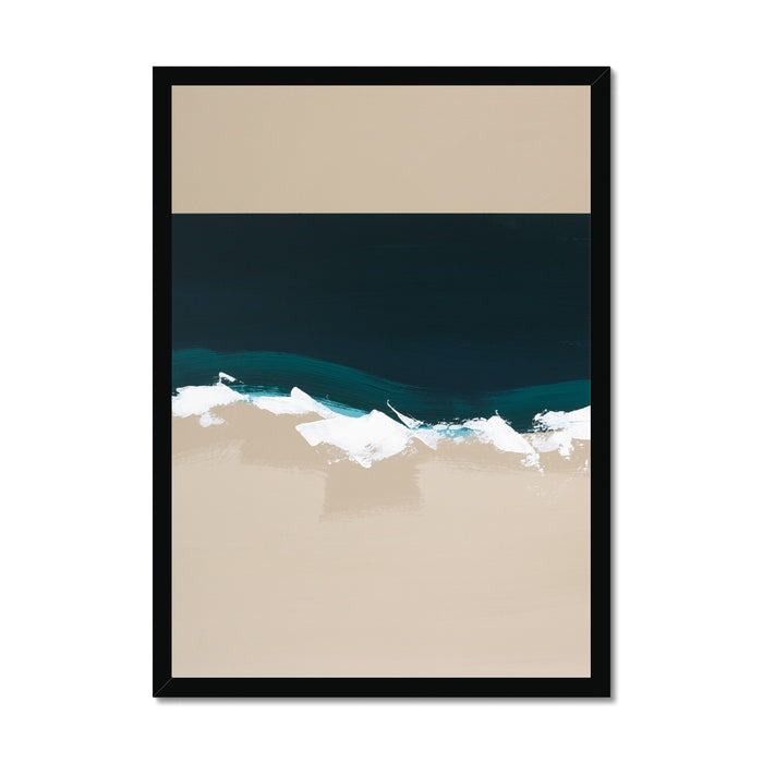 Abstract coastal painting with navy sea, white surf and soft sandy shoreline in neutral tones