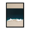 Abstract coastal beach painting with deep navy sea, neutral shoreline and white breaking waves