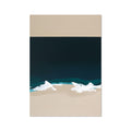 Minimalist sea painting with blue sea, light beige sand, and white waves.