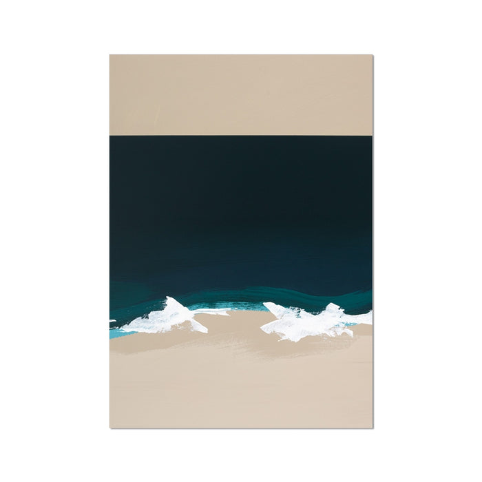 Minimalist sea painting with blue sea, light beige sand, and white waves.