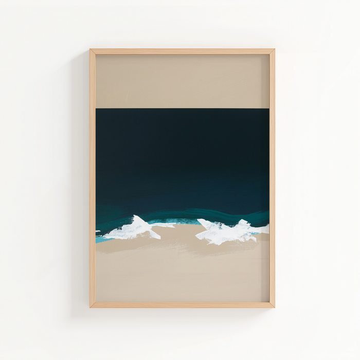 Framed abstract coastal beach painting with deep navy sea, neutral shoreline and white breaking waves