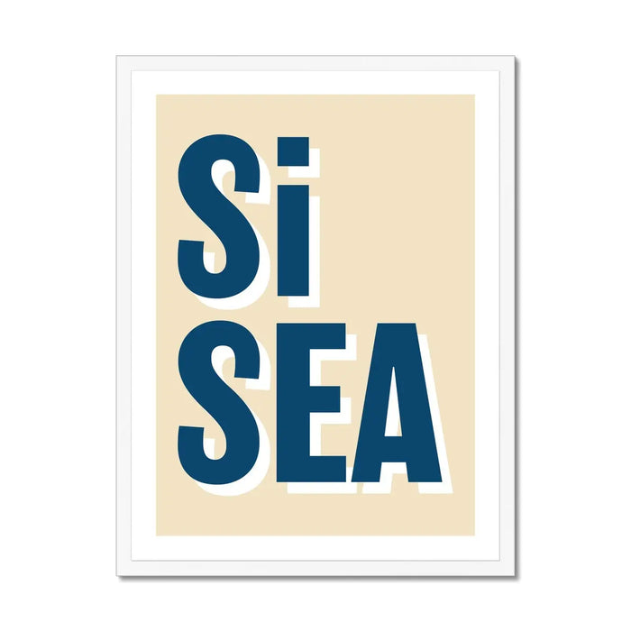 A framed coastal word art print with the text 'Si Sea' in blue letters on a beige background, in a white frame.