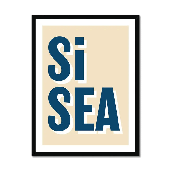 A framed word art print with the text 'Si Sea' in blue letters on a beige background, in a black frame.