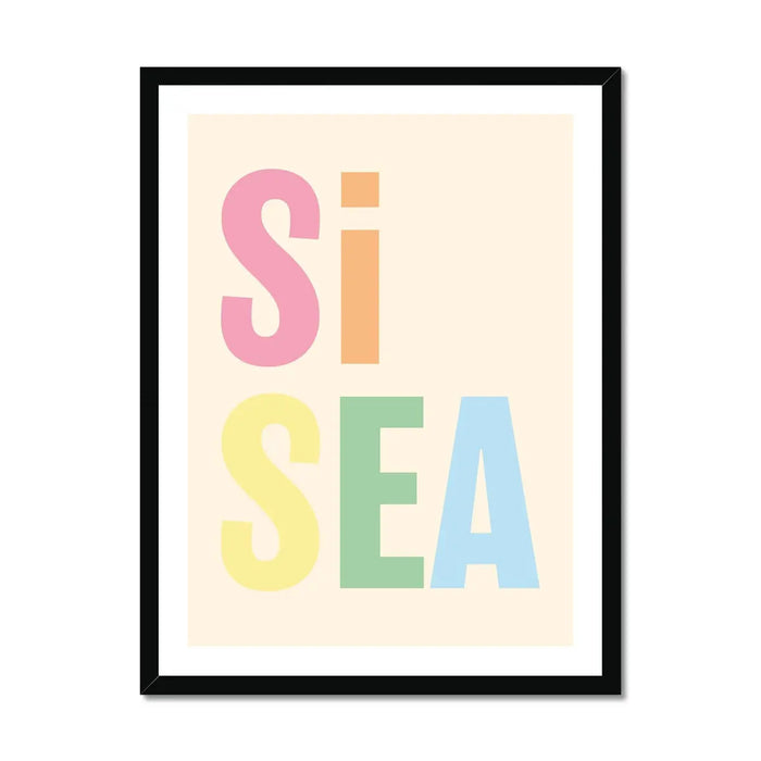 A framed word art print with the text 'Si Sea' in multicolored letters against a pale background.