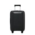 Black Slim Carry On Spinner Suitcase by Samsonite Luggage with wheels and telescopic handle for easy travel.