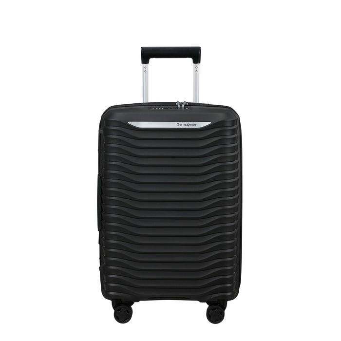 Black Slim Carry On Spinner Suitcase by Samsonite Luggage with wheels and telescopic handle for easy travel.