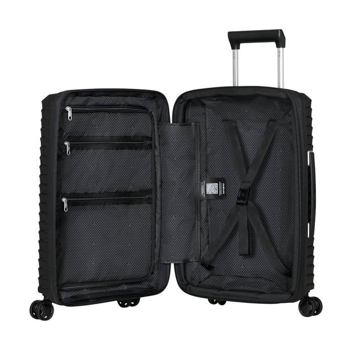 Black Slim Carry On Spinner Suitcase by Samsonite, featuring a sleek design and smooth-rolling wheels for easy travel.