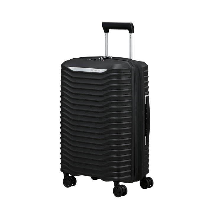Black Samsonite Upscape Slim Carry On Spinner Suitcase with wheels and ergonomic handle, ideal for cabin luggage.