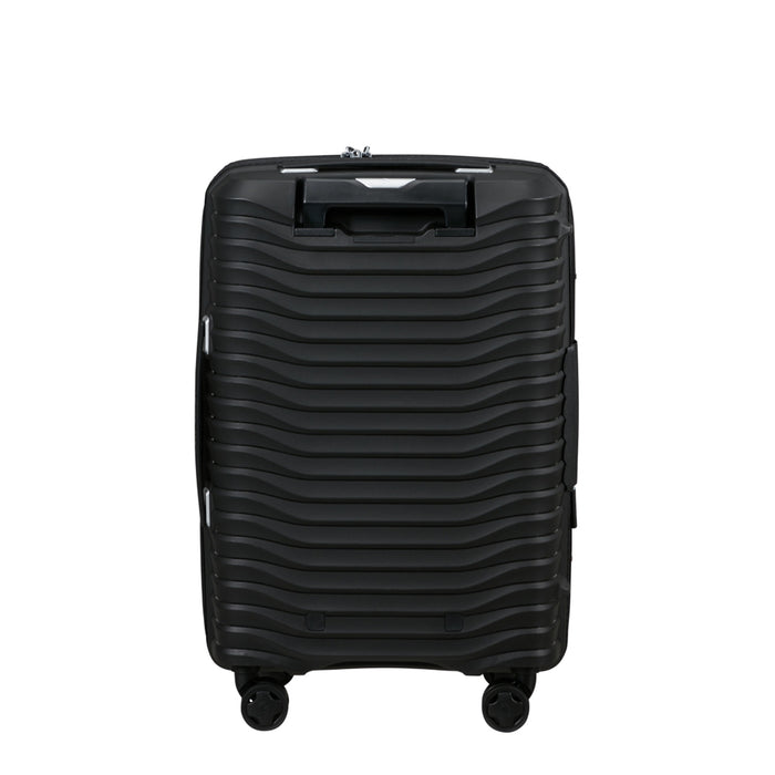 Samsonite Upscape slim carry-on spinner suitcase in black, featuring wheels and a sleek design for cabin luggage.