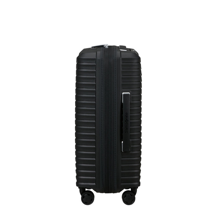 Samsonite Upscape slim carry-on spinner suitcase in black with four wheels and a sleek design for cabin travel.