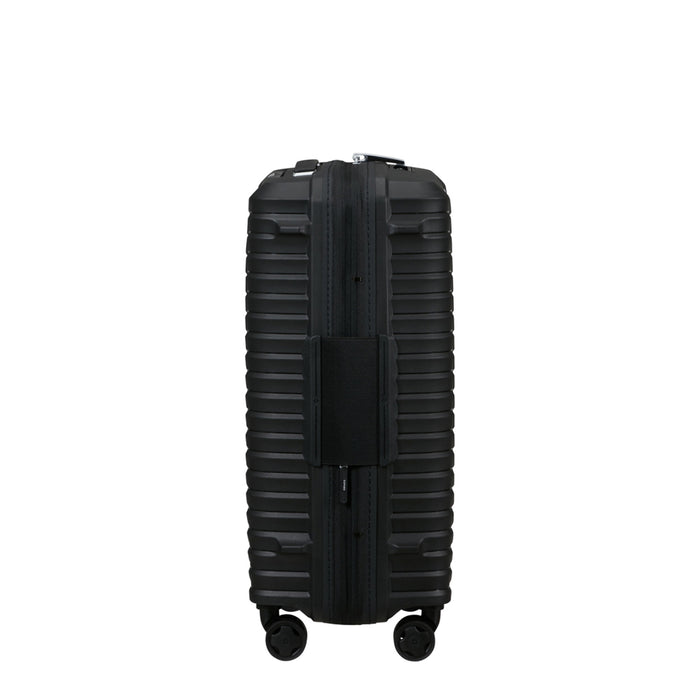 Black Slim Carry On Spinner Suitcase by Samsonite, featuring four wheels and a sleek design for easy travel.