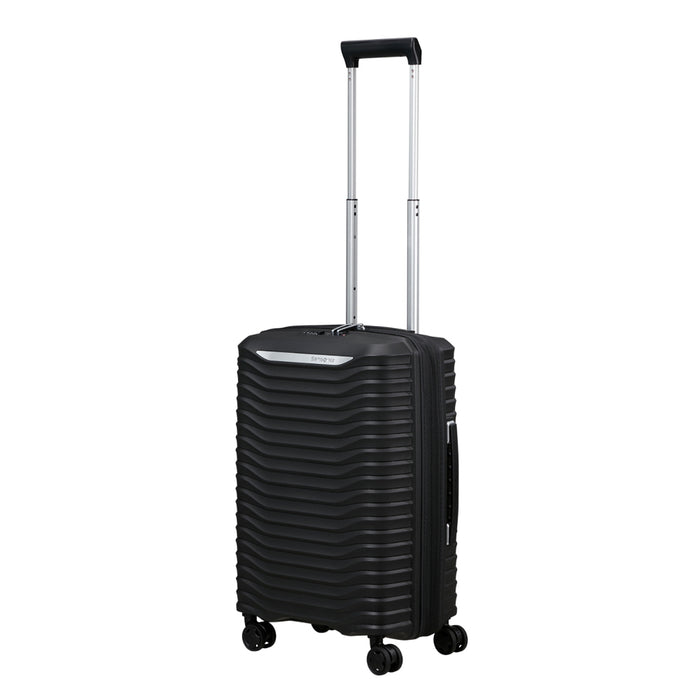 Black Samsonite Upscape slim carry-on spinner suitcase with smooth wheels and sturdy handles, ideal for travel.
