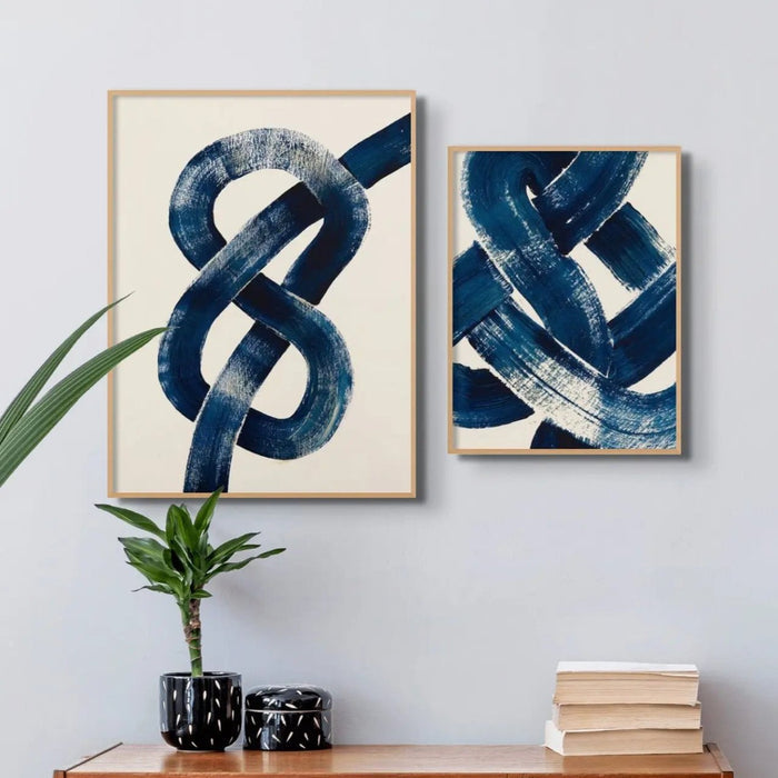 Framed abstract art print of a nautical knot in blue - coastal wall art