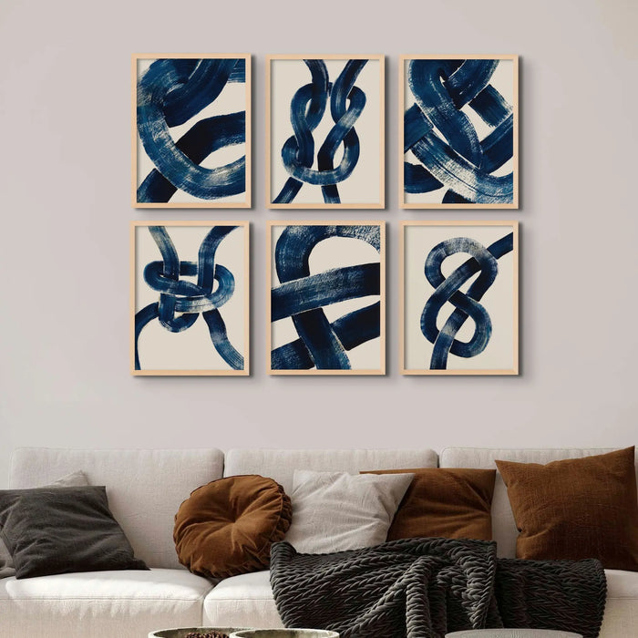 Framed abstract art print of a nautical knot in blue - coastal wall art