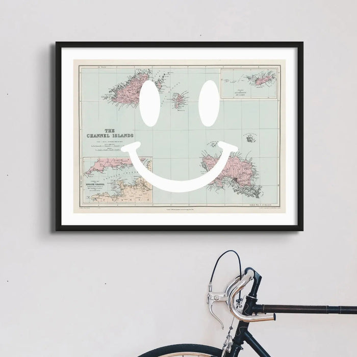 Black framed artwork of Smile (Old Channel Islands Map Print) Map Art - Unframed - Beach House Art
