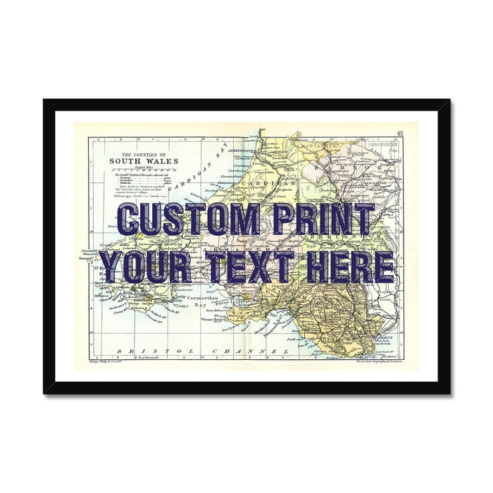 South Wales Personalised Map Print with Quote (Navy Vintage Font)  | Vintage Wales  Map Print - Framed