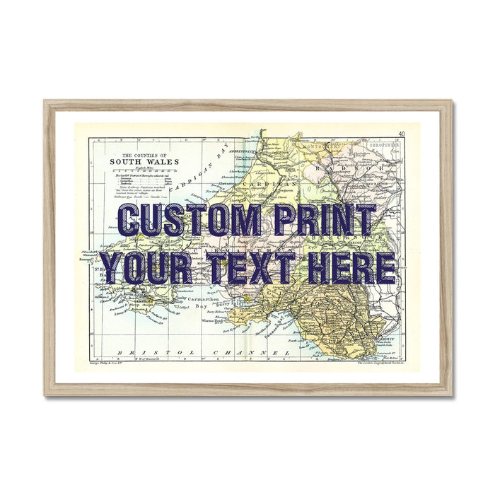 South Wales Personalised Map Print with Quote (Navy Vintage Font)  | Vintage Wales  Map Print - Framed