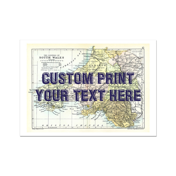 South Wales Personalised Map Print with Quote (Navy Vintage Font)  | Vintage Wales  Map Print - Framed
