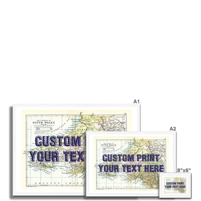 South Wales Personalised Map Print with Quote (Navy Vintage Font)  | Vintage Wales  Map Print - Framed