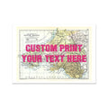 A framed vintage style map print of South Wales with a custom text area marked out in pink.