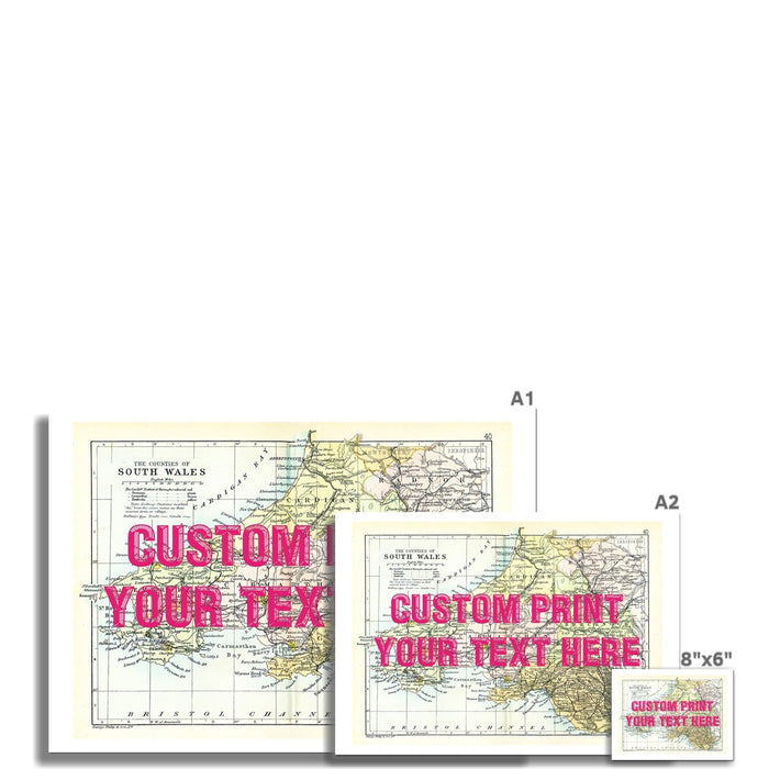 South Wales Personalised Map Print with Quote (Pink Vintage Font) | Vintage Wales Map Print -  Unframed