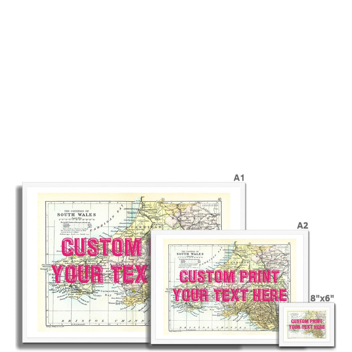 South Wales Personalised Map Print with Quote (Pink Vintage Font) | Vintage Wales Map Print - Framed