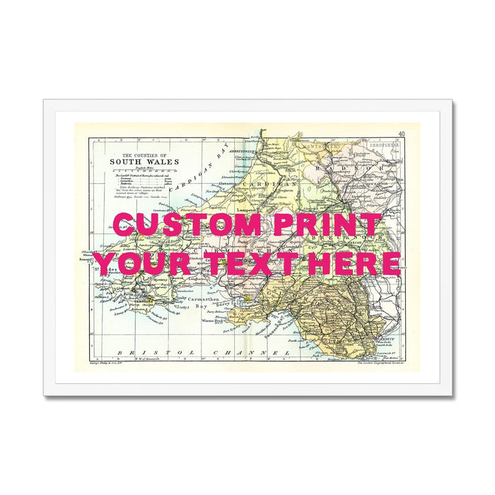 South Wales (Pink Hand Drawn Font) Personalised Map Print | Vintage Map Wall Art - Framed