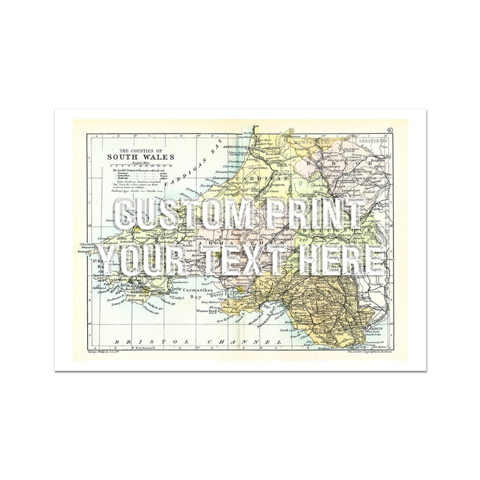 A framed vintage map print of South Wales with a white text box overlay indicating custom text insertion area.