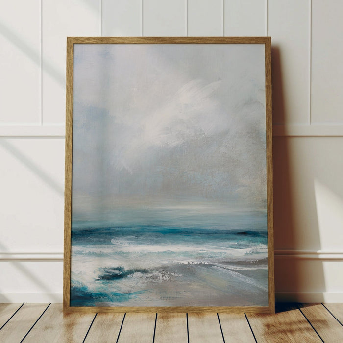 A sea painting framed art print featuring an abstract sea painting with bold strokes in various shades of blue and white.