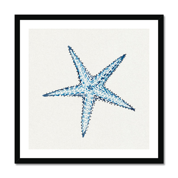 Framed artwork of a blue starfish on a white background