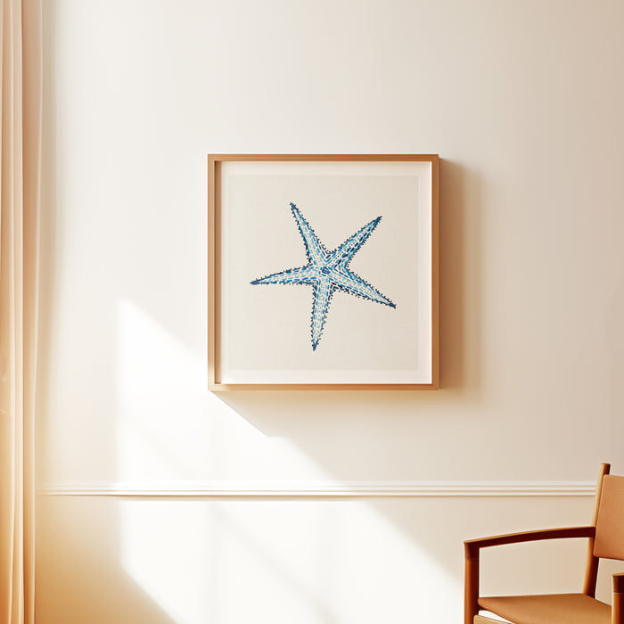 Blue starfish coastal art print painted in layered watercolour brushstrokes by Beach House Art