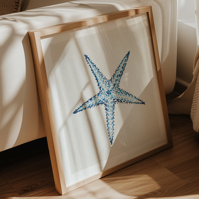 Blue starfish art print painted in layered watercolour brushstrokes by Beach House Art in living room