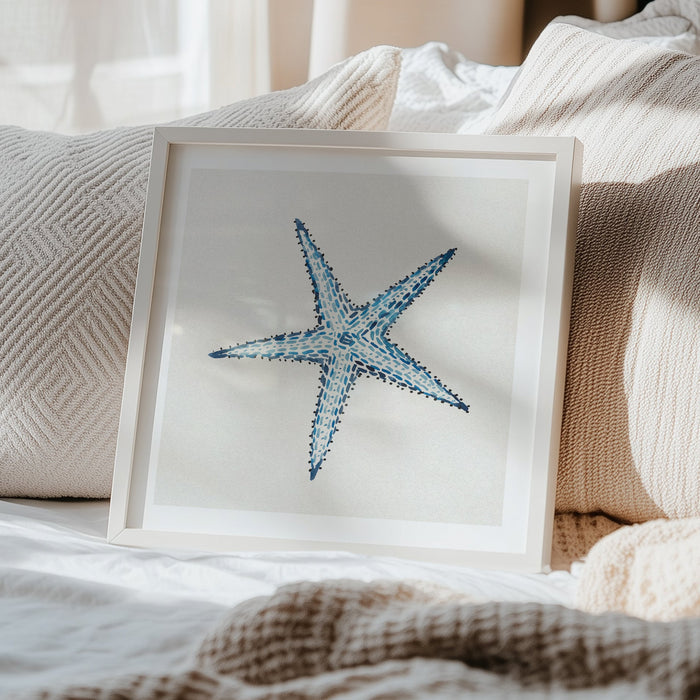 Blue starfish coastal art print painted in layered watercolour brushstrokes by Beach House Art