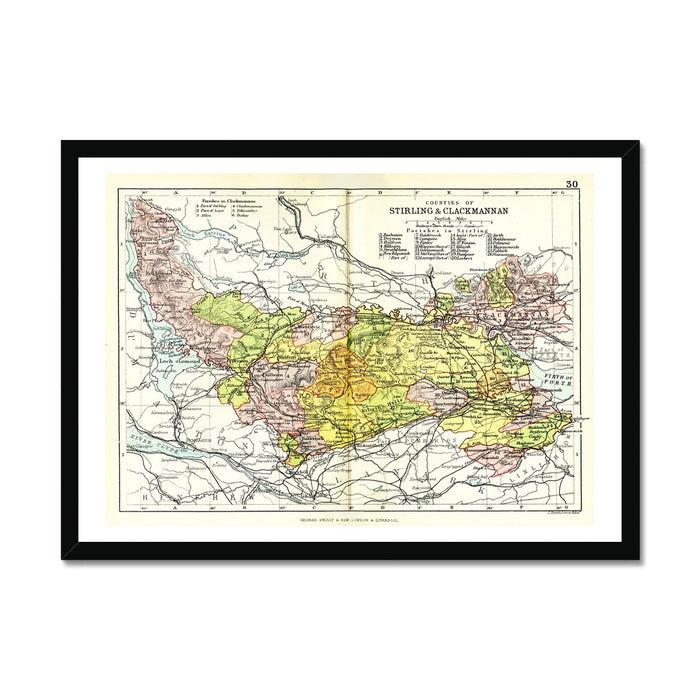 Framed map print of Stirling and Clackmannanshire with various colors representing different regions and boundaries, set in a black frame.