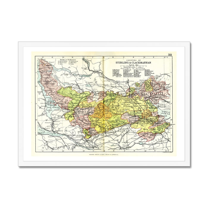 A framed print of a map depicting the areas of Stirling and Clackmannanshire, with various regions marked in different colours.