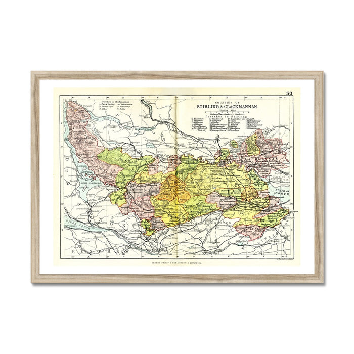 A framed print of a map depicting the areas of Stirling and Clackmannanshire, with various regions marked in different colours.