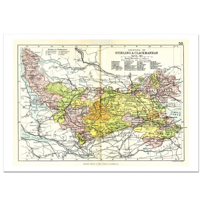 A framed print of a map depicting the areas of Stirling and Clackmannanshire, with various regions marked in different colors.