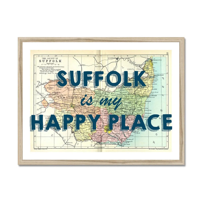Suffolk is my Happy Place Art Print | Map Print of Suffolk | Vintage Map Art - Framed Wall Art