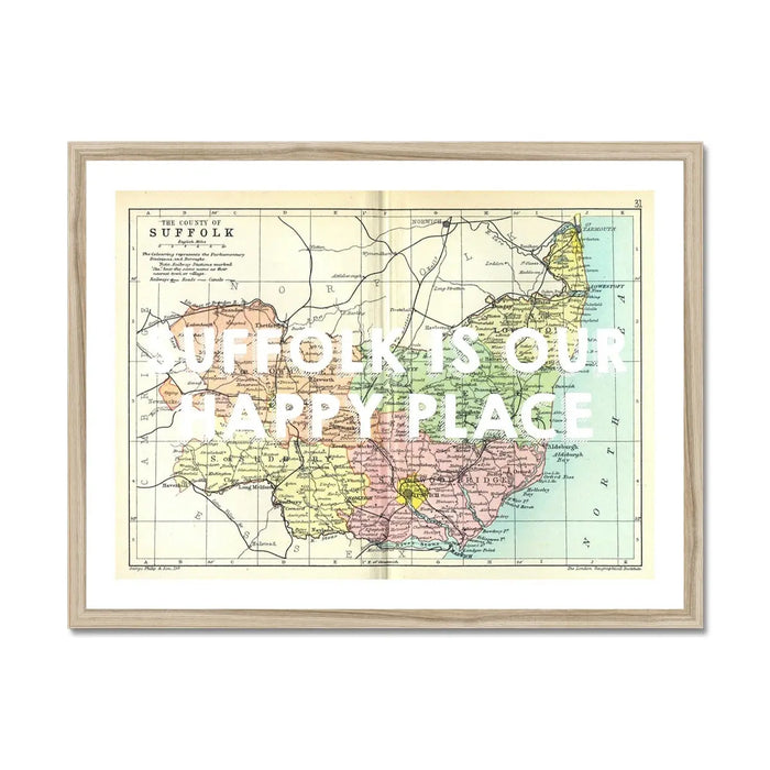Suffolk is our Happy Place (Suffolk Map) Vintage Map Art - Framed - Beach House Art