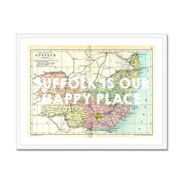 Suffolk is our Happy Place (Suffolk Map) Vintage Map Art - Framed - Beach House Art