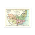 A vintage Suffolk map print depicting the county of Suffolk with various shades of colours differentiating the regions.